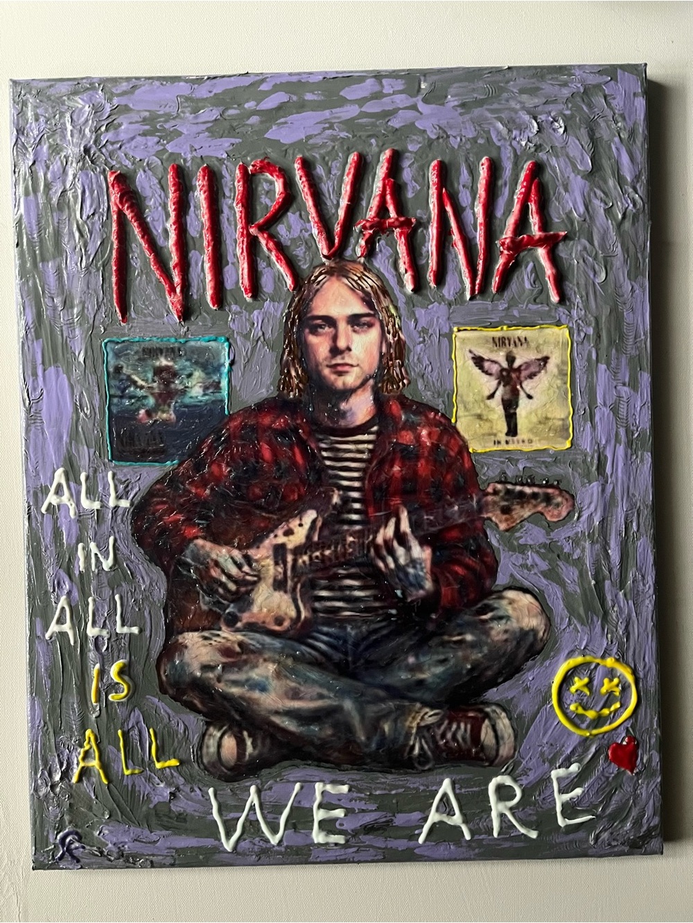 Nirvana-Themed Mixed Media Wall Painting in Purple & Red